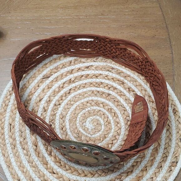 Handmade Vintage Brown Woven Leather Silver/Brass Studded Stone Belt Buckle, Lar - Picture 3 of 7